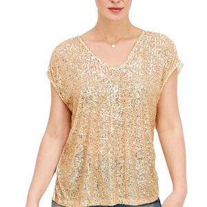 NWT Vince Camuto Womens Gold Sequin Sleeveless V-Neck Blouse Top Size XL MSRP$79